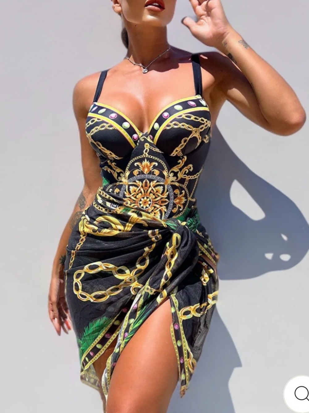 Women’s Black & Gold Chain Print One-Piece Swimsuit with Matching Coverup
